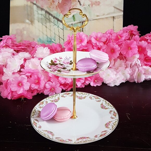 Handmade 2 Tier Cake Stand Pink Roses Jewelry Trinket Tray Tea Party Decor Gift - Picture 2 of 7